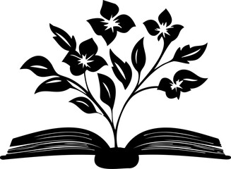 Vector silhouette logo of an open book with flowers growing from its pages, symbolizing knowledge, learning, and natural growth.