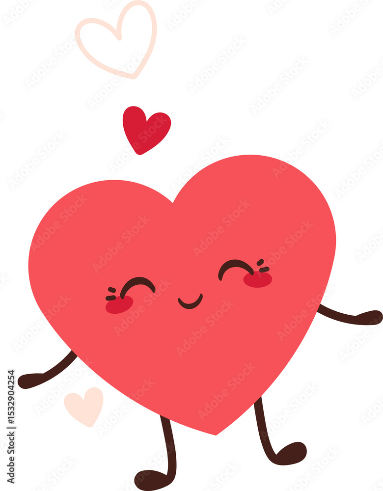 Poster flat design cartoon heart character is dancing with three smaller hearts on transparent background