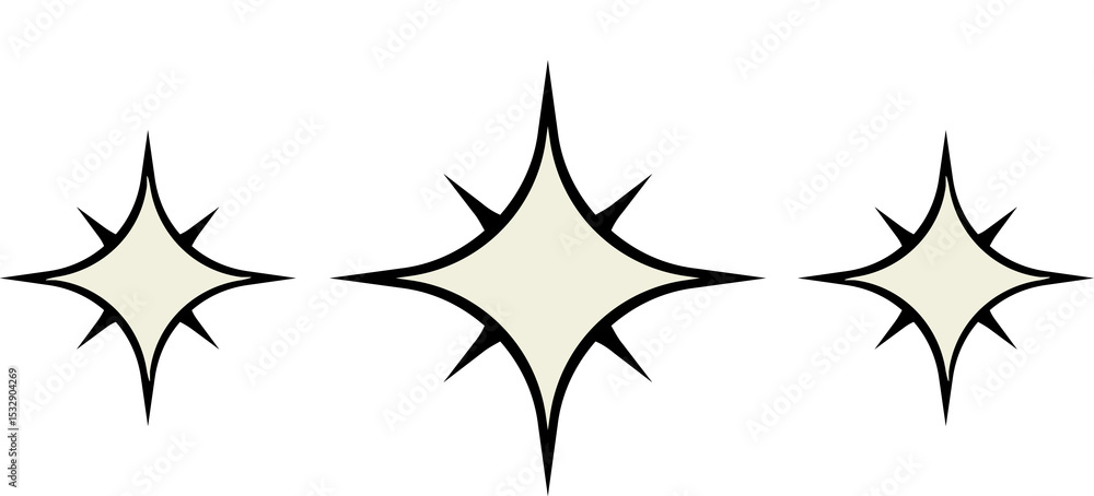 Poster flat sparkle shapes are floating on transparent bg with central large shape flanked by smaller ones