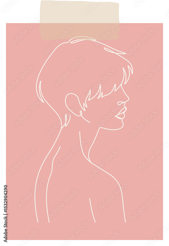 Poster displaying continuous line portrait on transparent background with pastel pink panel and beige tape