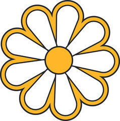 Flat graphic daisy motif floating on transparent background featuring 10 white petals  and  golden d