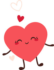 Flat design cartoon heart character is dancing with three smaller hearts on transparent background