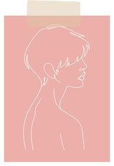 Displaying continuous line portrait on transparent background with pastel pink panel and beige tape