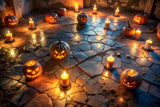 Cracked Stone Floor with Scattered Candles and Jac