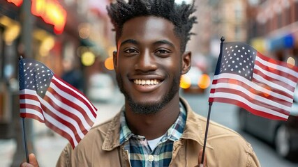 Young african american man smiling while holding two small American flags in a vibrant urban street, celebrating patriotism and community spirit - Powered by Adobe