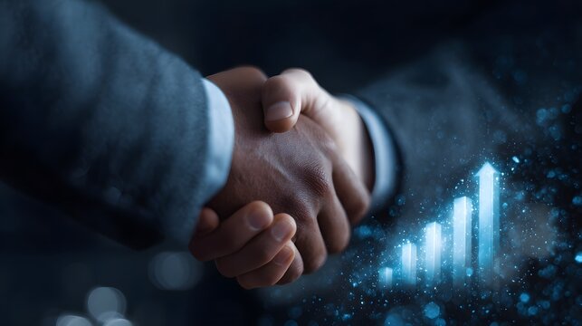 Business handshake with digital overlay of financial growth icons and graphs - Powered by Adobe