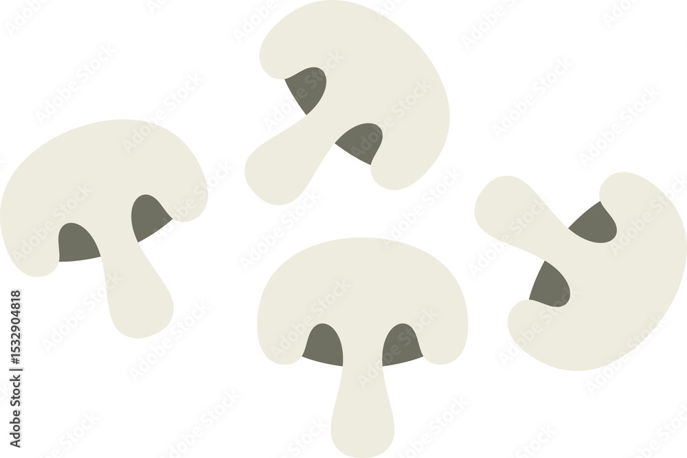 Poster cluster of four stylized mushroom slices is floating in flat design, with transparent background