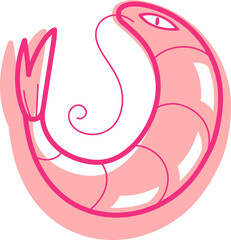 flat pink shrimp is curling into horseshoe form with transparent background and glossy highlights