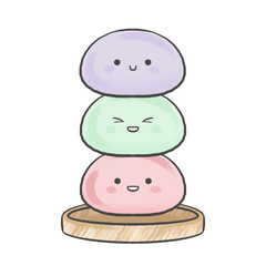 Three pastel mochi shapes are sitting on wooden tray, flat design, transparent background