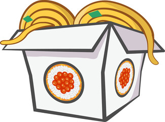 Cartoon to-go box is spilling yellow noodles from flaps with sushi motifs on transparent background