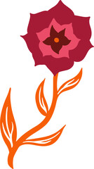 Flat flower is showing red-pink petals, star-shaped center, orange stem, transparent background