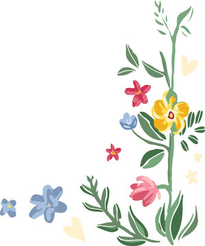 Naklejki Flat flower stems are growing on transparent background showing colorful blooms, hearts and stars