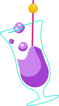 Naklejki Flat turquoise cocktail glass is floating on transparent backdrop, showing purple liquid and straw