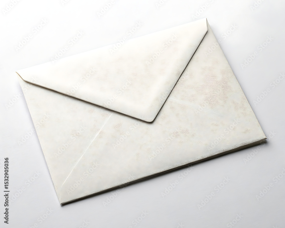 Poster a simple white envelope lying flat on a white surface with a subtle shadow underneath it on the surf