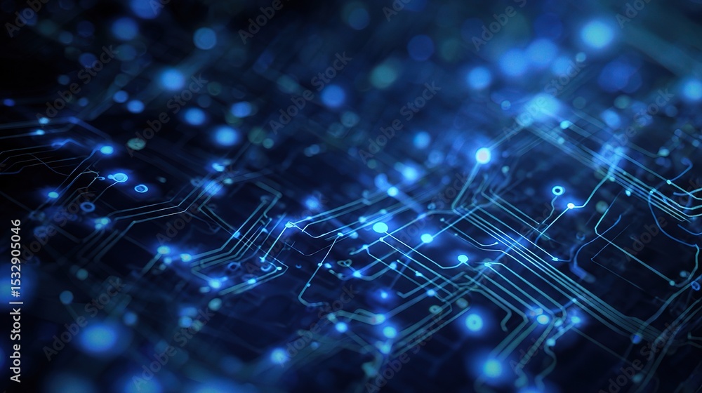 Poster abstract blue tech blueprint with circuits and nodes in focus