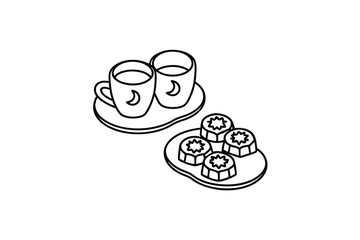 Two cups of tea and moon shaped cakes line-art illustration