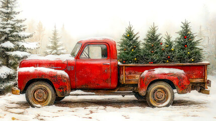 Christmas vintage red truck and Christmas trees Holiday artistic background for cards design.