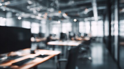 Blurred Background of Modern Office Workspace with Soft Lighting Effects