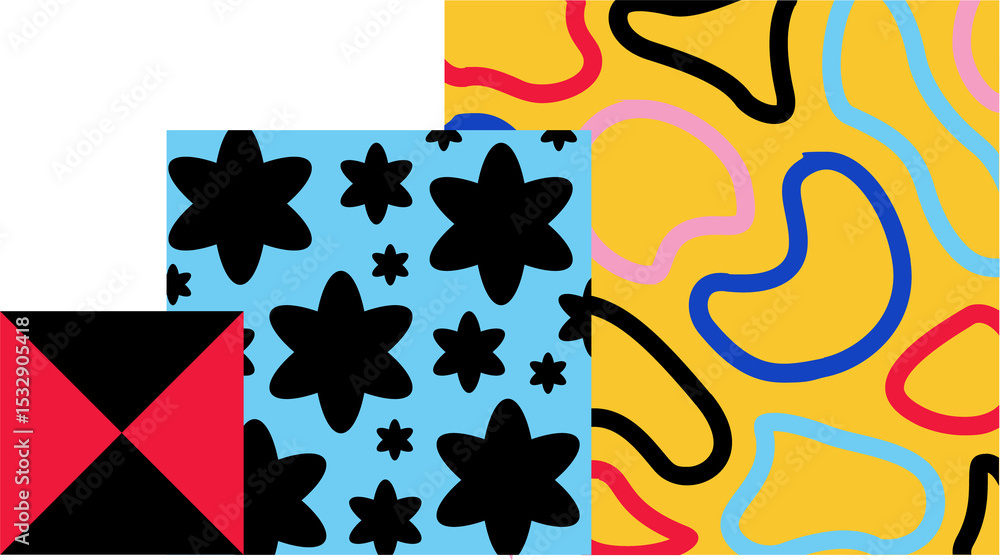 Poster abstract flat colored panels showing triangles, floral motifs and blobs on transparent background