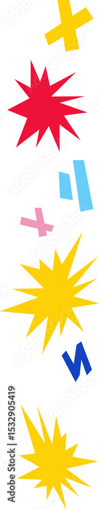 Poster showing flat colorful starburst plus shapes and bars aligning vertically on transparent background