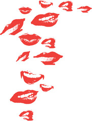 Stylized red lip prints are being shown scattered in flat vector design on transparent background