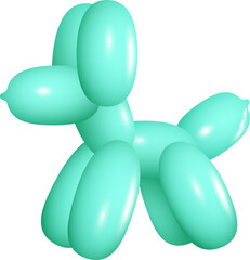 3D glossy balloon animal dog is floating on transparent background with reflective teal tubing