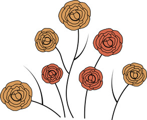 Showing seven yellow or coral stylized flowers on black stems in flat vector, transparent background