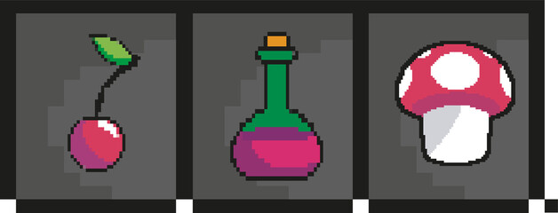 Three pixel-art power-up icons are appearing on grey tiles with transparent background