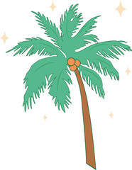 Obraz premium Cartoon-style palm tree is floating on transparent backdrop with jagged fronds, coconuts, sparkles