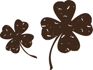 Two scribbled clover motifs with four and five heart petals are floating on transparent background