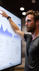 Digital strategist analyzing Analytics heatmap on touchscreen monitor