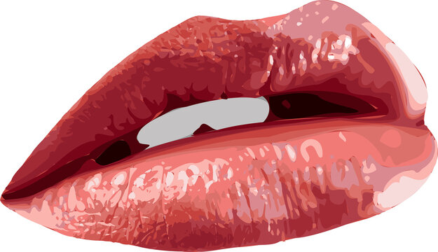 Fototapeta Showing glossy stylized lips on transparent backdrop, with red pink detail and hinting white teeth