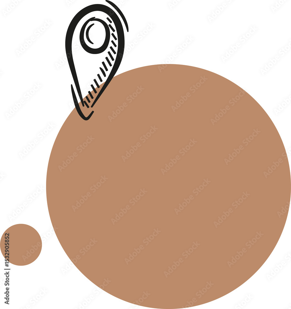 Poster abstract vector graphic showing hatched map pin above two rust circles, transparent background