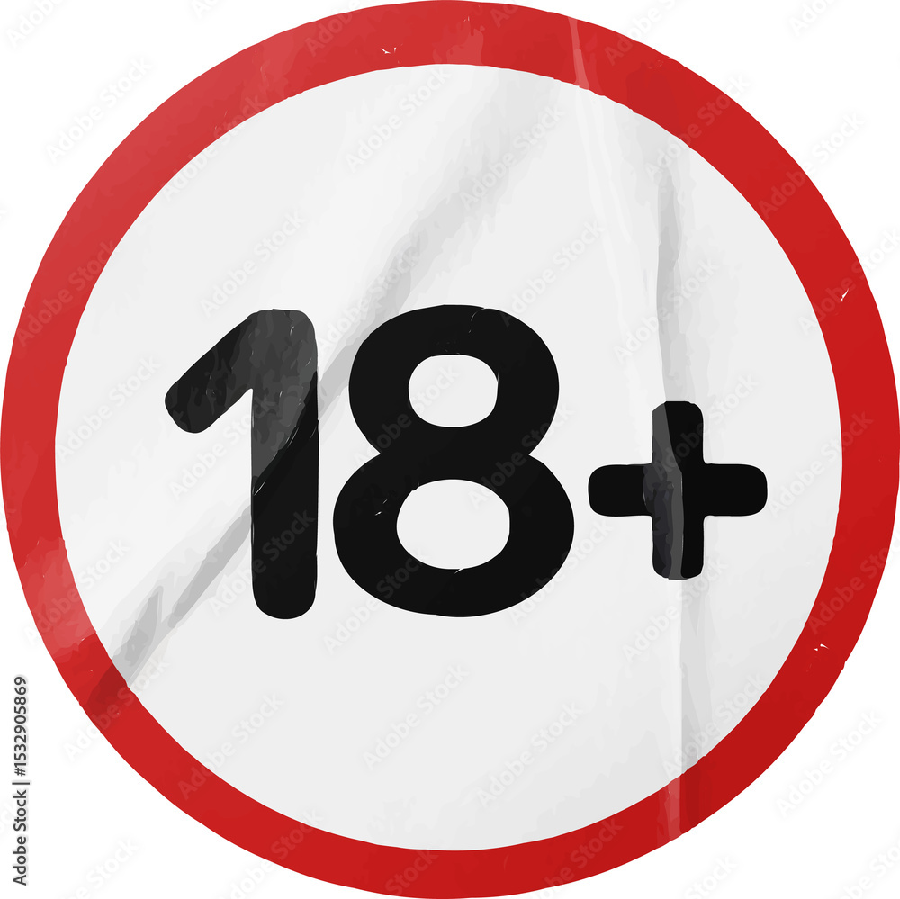 Aufkleber flat icon restriction sign is floating on transparent backdrop with red border and black 18+ text
