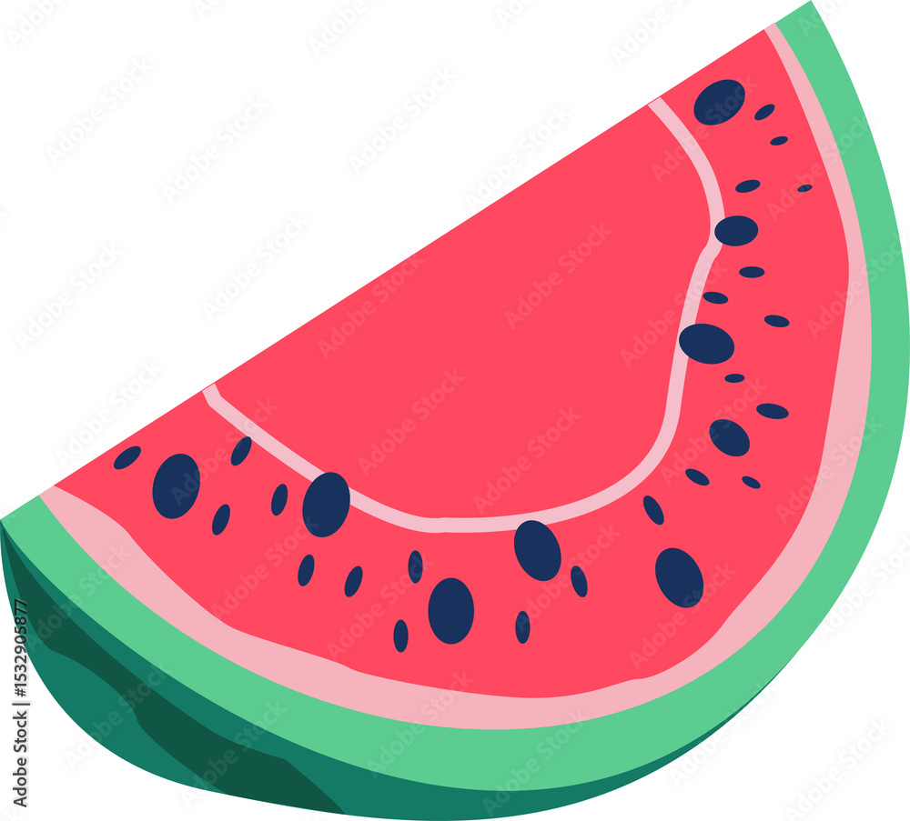 Poster flat design watermelon slice is floating over transparent background, showing seeds and rind layers