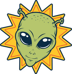 Comic-style green alien head is floating on transparent background, featuring yellow starburst