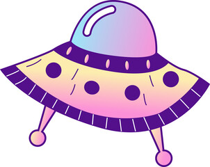 Cartoon UFO is floating on transparent backdrop, showing gradient dome, pastel body, landing legs