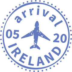 Showing blue stamp dotted ring arrival 05-20 Ireland text circling plane on transparent background