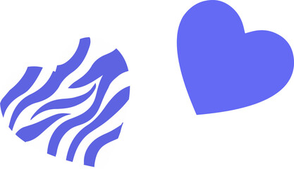 Two purple-blue flat vector hearts are floating on transparent backdrop, one striped and one solid