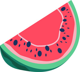 Flat design watermelon slice is floating over transparent background, showing seeds and rind layers