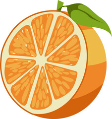Halved orange is showing vector art with pulp segments, rind and green leaf, transparent background