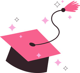 stylized graduation cap is floating on clear background with curved tassel and pink sparkles