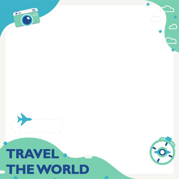 Naklejki Flat travel frame is showing camera, airplane and travel text on transparent background, copy space