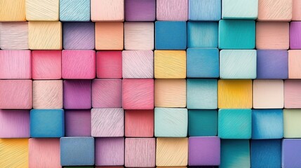 Geometric pastel wooden blocks forming a modern abstract pattern on a white background