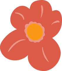 Flat flower showing five red petals with scalloped ring highlights on yellow disk, clear bg