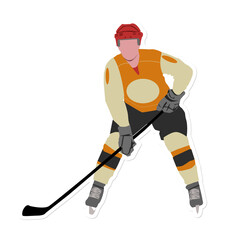 Ice hockey player is leaning forward in transparent flat vector, showing red helmet, stick, skates
