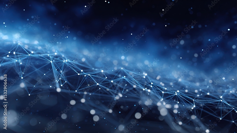 Poster blue mesh background with floating connection points and depth effect