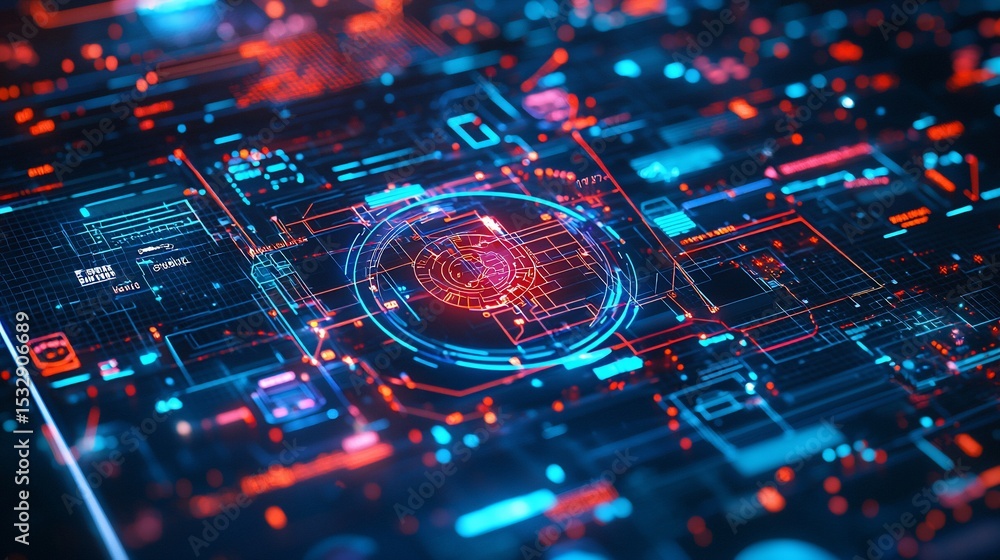 Poster futuristic technological interface with glowing circuits and data streams