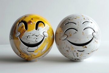 Two marble textured smiley spheres radiate joy with a blend of yellow, white, and abstract patterns