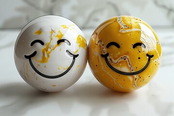 Joyful Union: Two Smiling Marble Spheres with Smiley Faces and Yellow Abstract Patterns